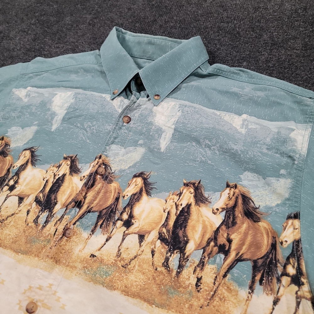 Bit & Bridle Men Mustang Print Western Shirt Large Short Sleeve‎ Button Front